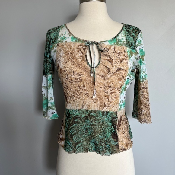 Roberto Cavalli Class Mesh 3/4 sleeves Parsley Floral cheetah Print Top Beach - Picture 3 of 11